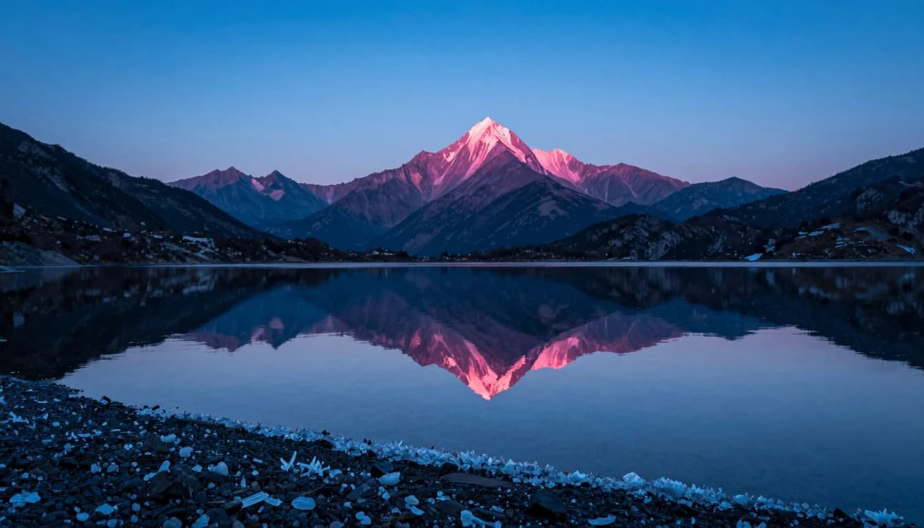 An alpine tarn with mirror-still water at dawn, polished shore of small ice crystals leading into the tarn, distant mountain ridge reflected in the surface, hot-pink dawn glow on the highest ridge.
