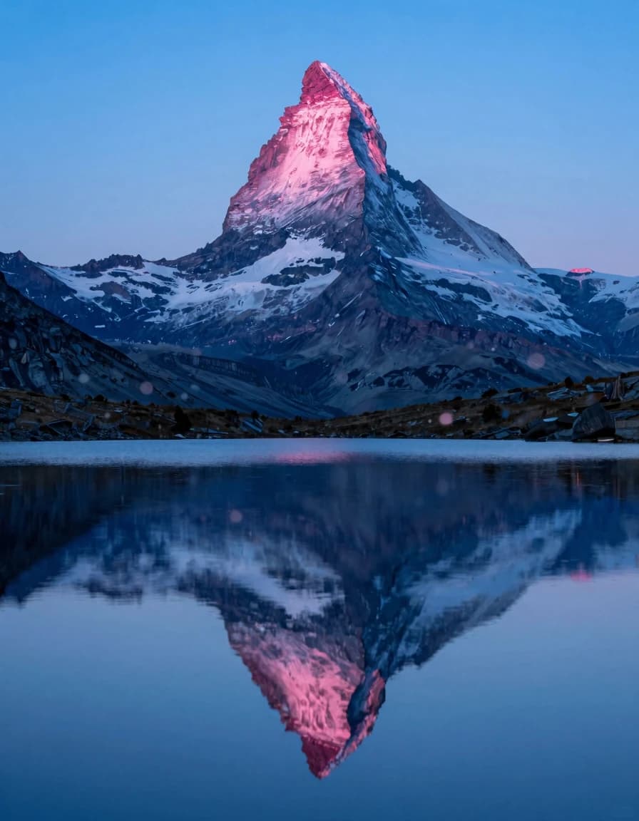 A vertical alpine tarn composition with a single mountain peak in the upper half and its mirror reflection below, centered symmetry with the horizon bisecting the frame, electric-blue dawn sky and hot-pink glow on the peak.