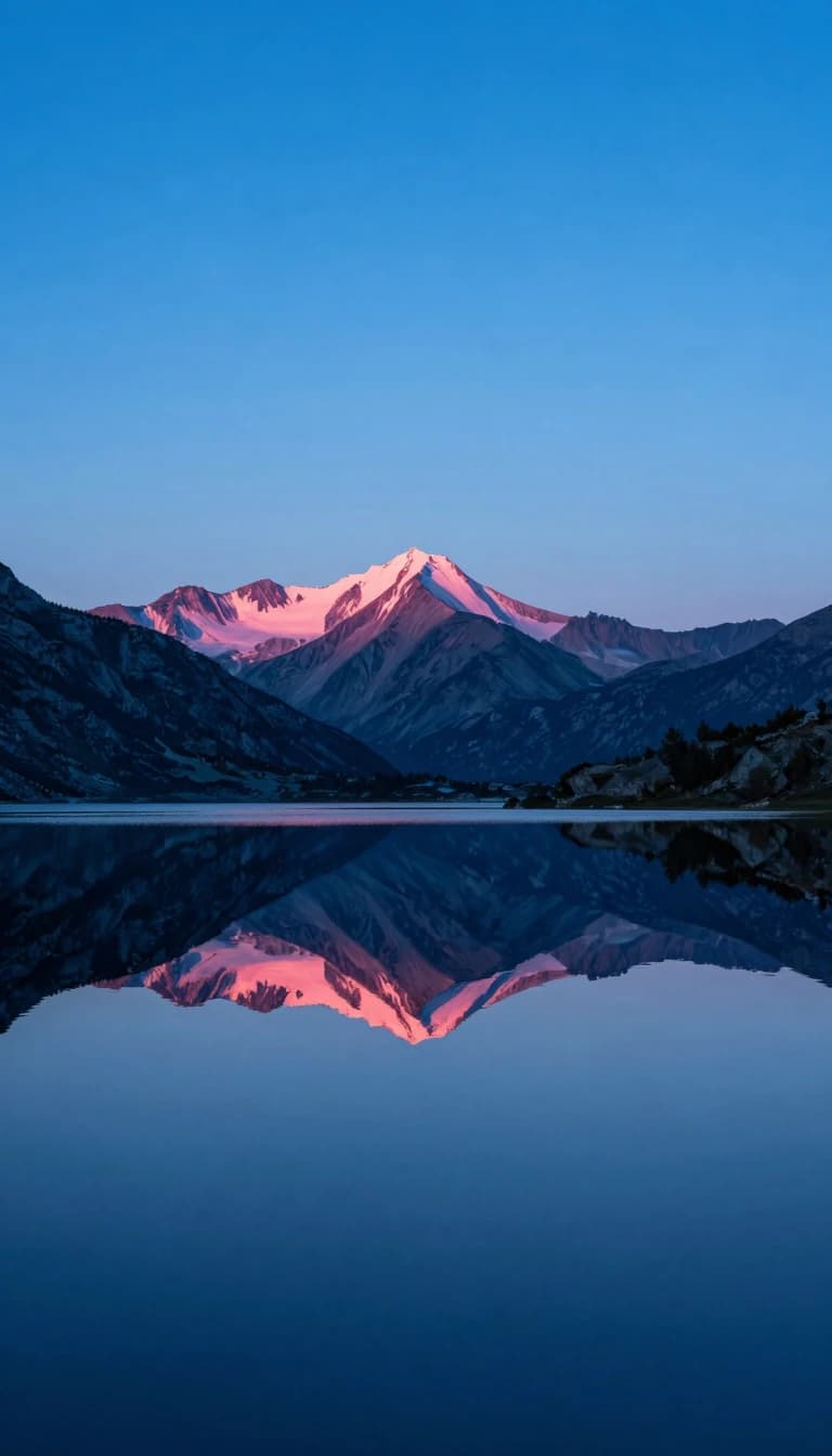 An alpine tarn vertical mirror composition at dawn, a low broad mountain ridge in the upper half and its reflection in the lower half, centered symmetry, hot-pink dawn glow blooming along the ridge crest with a matching reflection.