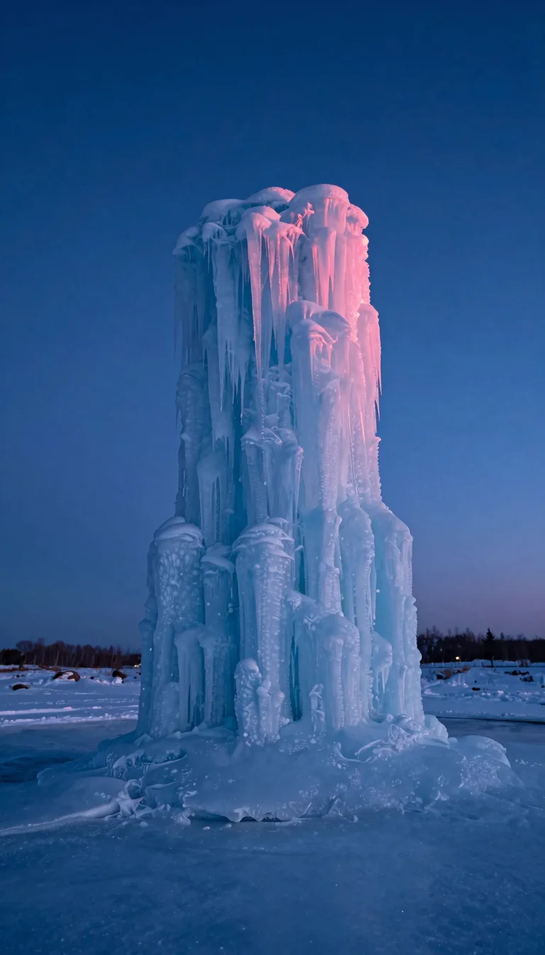tall vertical of frozen water form under electric-blue twilight with hot-pink sunset - companion image for the designer-to-Shopify typography scale guide