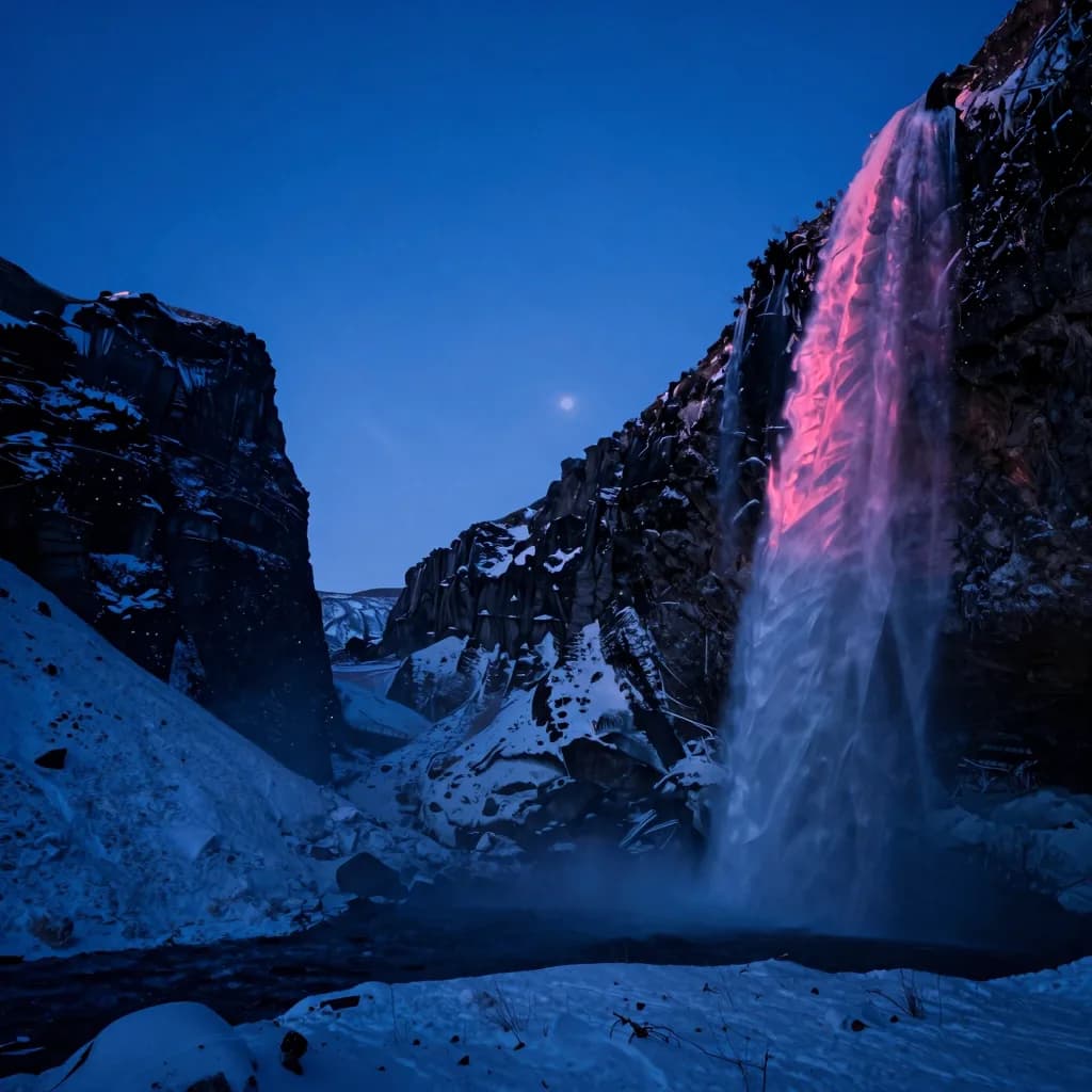 atmospheric wide of frozen water form under electric-blue twilight with hot-pink sunset - hero image for the designer-to-Shopify typography scale guide