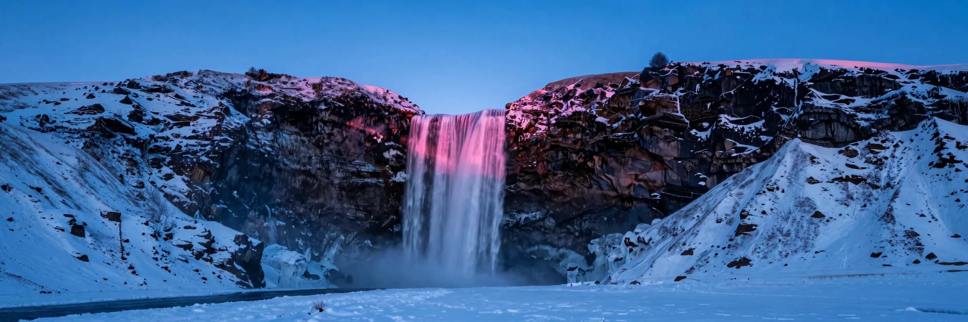 ultra-wide strip of frozen water form under electric-blue twilight with hot-pink sunset - companion image for the designer-to-Shopify typography scale guide