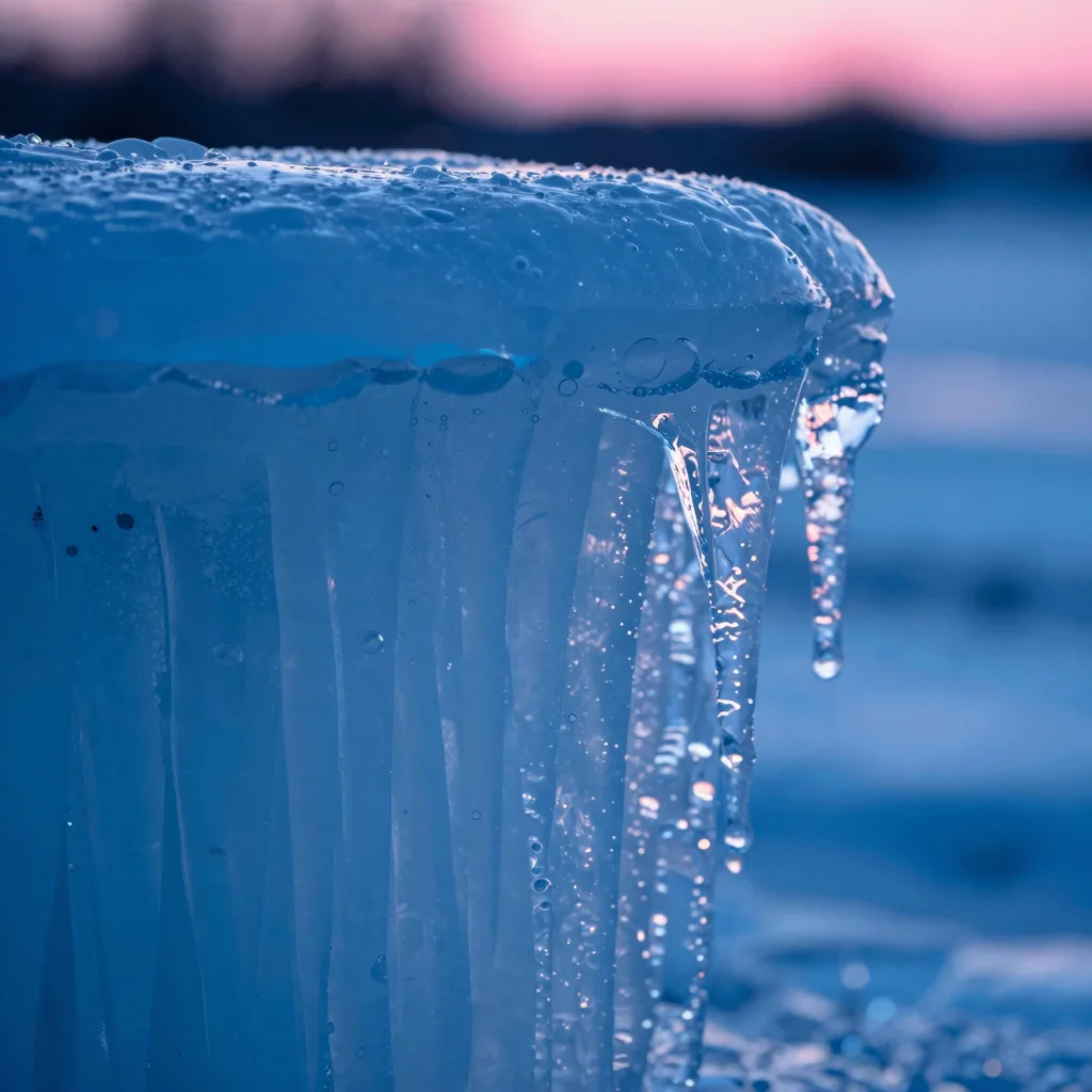 macro detail of frozen water form under electric-blue twilight with hot-pink sunset - companion image for the designer-to-Shopify typography scale guide