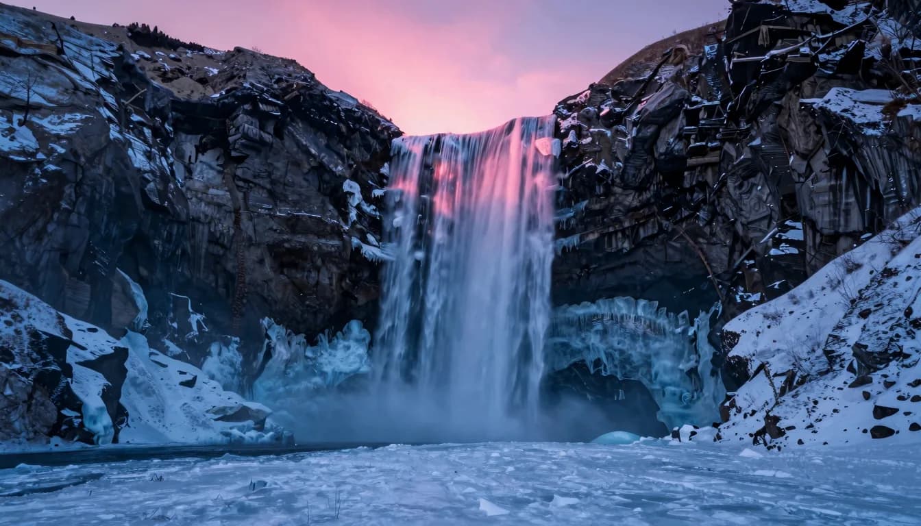 cinematic trail-aspect of frozen water form under electric-blue twilight with hot-pink sunset - companion image for the designer-to-Shopify typography scale guide