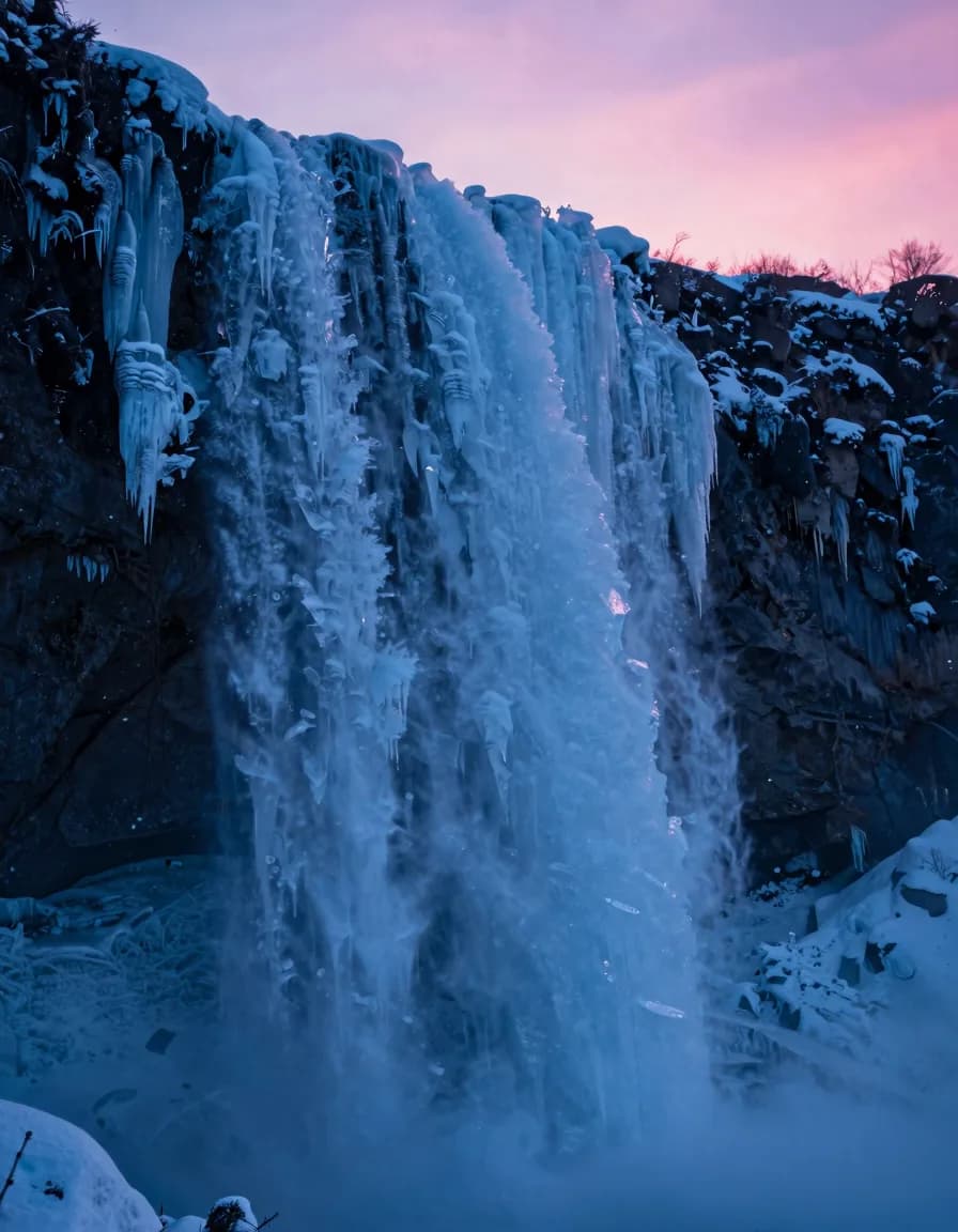 portrait orientation of frozen water form under electric-blue twilight with hot-pink sunset - companion image for the designer-to-Shopify typography scale guide