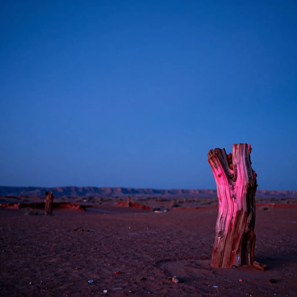 atmospheric wide of organic weathered form on a desolate plain at electric-blue twilight with hot-pink accent - companion image for the UGC testing budget for small DTC brands
