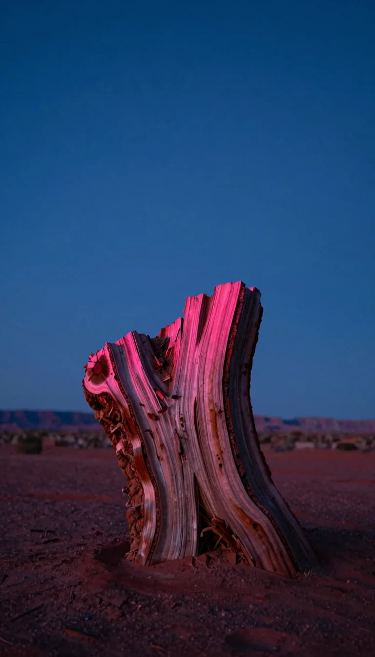 tall vertical of organic weathered form on a desolate plain at electric-blue twilight with hot-pink accent - companion image for the UGC testing budget for small DTC brands