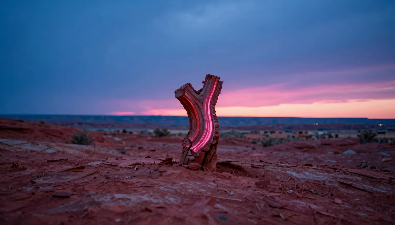 cinematic trail-aspect of organic weathered form on a desolate plain at electric-blue twilight with hot-pink accent - companion image for the UGC testing budget for small DTC brands
