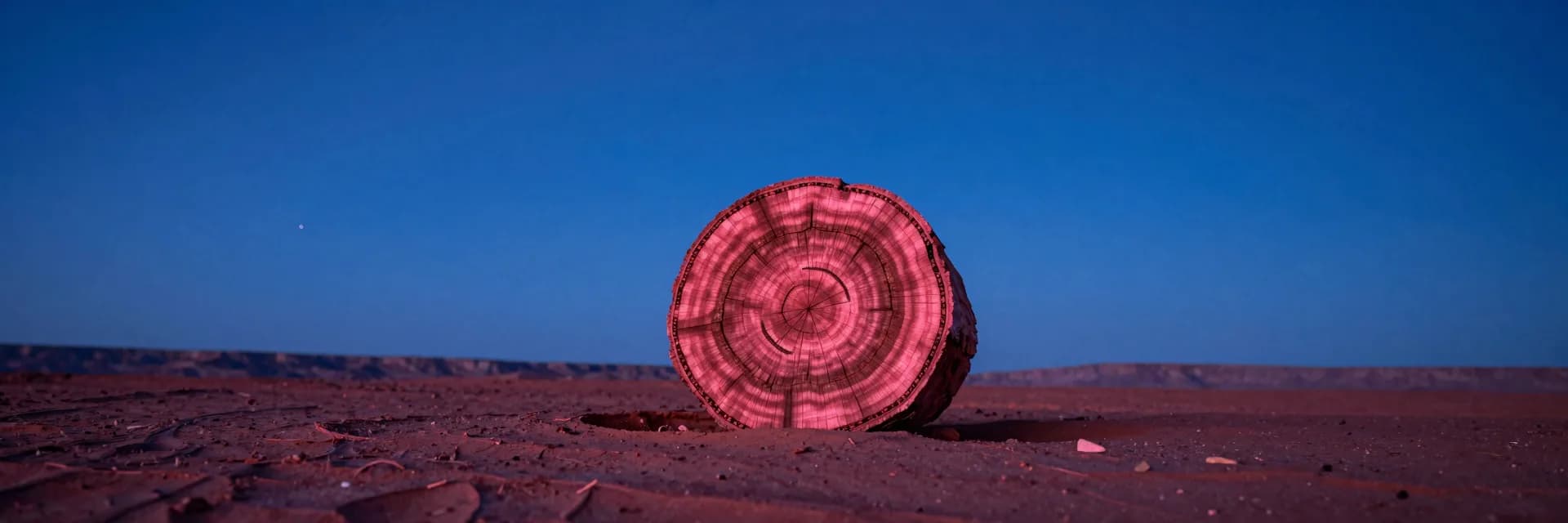 ultra-wide strip of organic weathered form on a desolate plain at electric-blue twilight with hot-pink accent - hero image for the UGC testing budget for small DTC brands