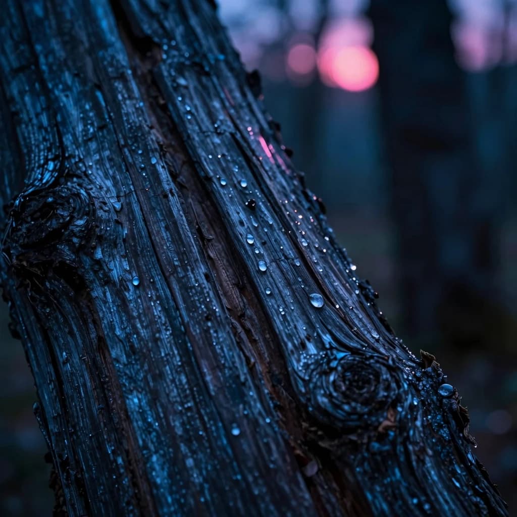 Macro of weathered oak bark with deep furrows and rain droplets clinging to the ridges, individual droplets catching faint blue light, storm light grazing from one side.