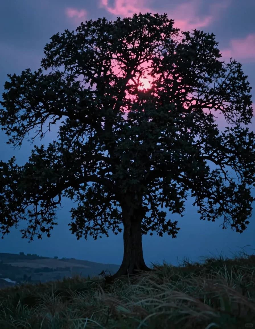A single lone oak tree from below, full canopy filling the upper frame, branches splaying outward, trunk anchored in the lower third, hot-pink sunset break catching the canopy from above.