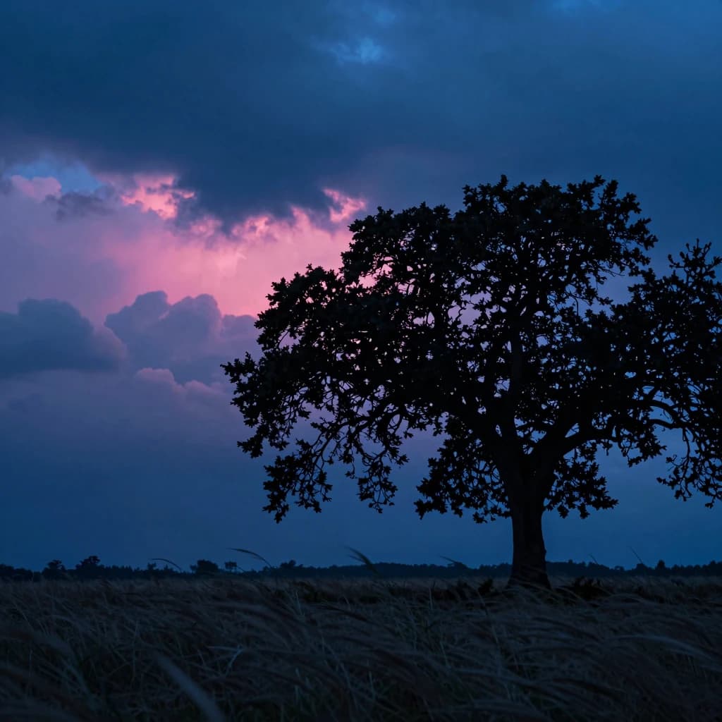 A single lone oak tree silhouetted against a turbulent storm sky, filling the right third of the frame, electric-blue storm clouds churning, hot-pink sunset break catching the underside of the cloud bank.