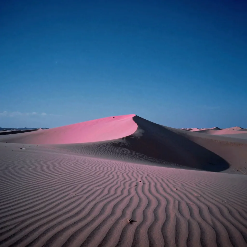 A single immense crescent sand dune with rhythmic wind ripples, reduced to a small distant form across a vast empty dune field, dwarfed by an immense sky.
