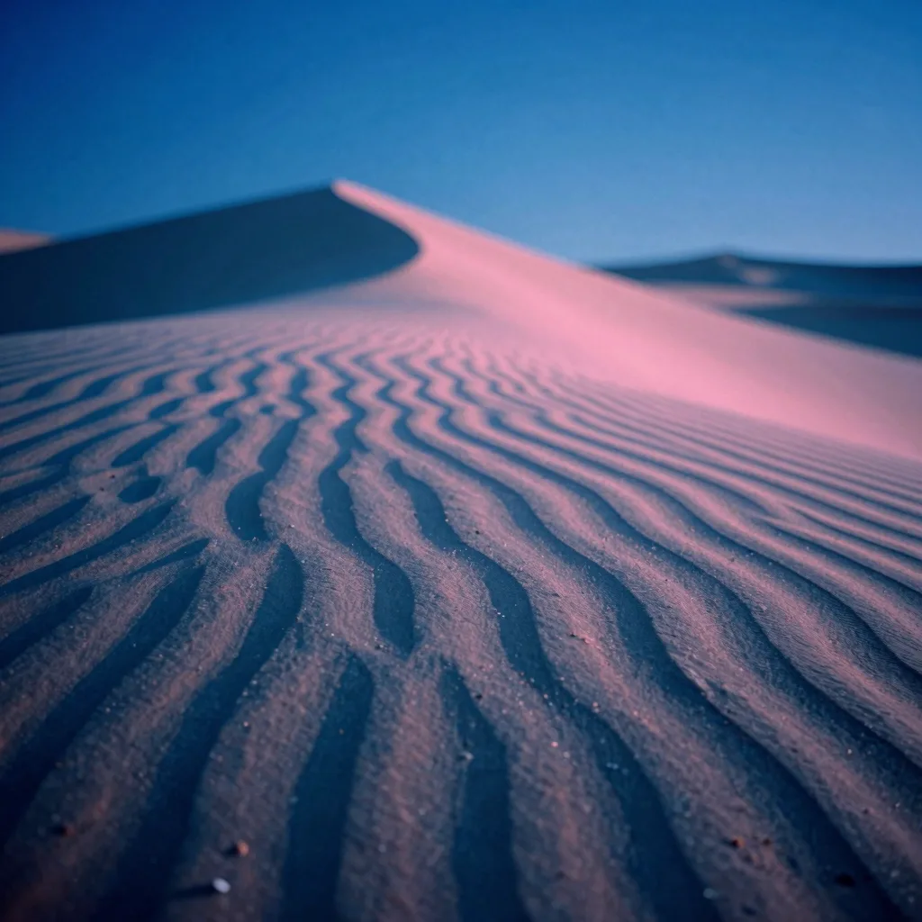 A tight macro close-up of the windward dune face, evenly spaced ripple crests, individual grains catching low light.