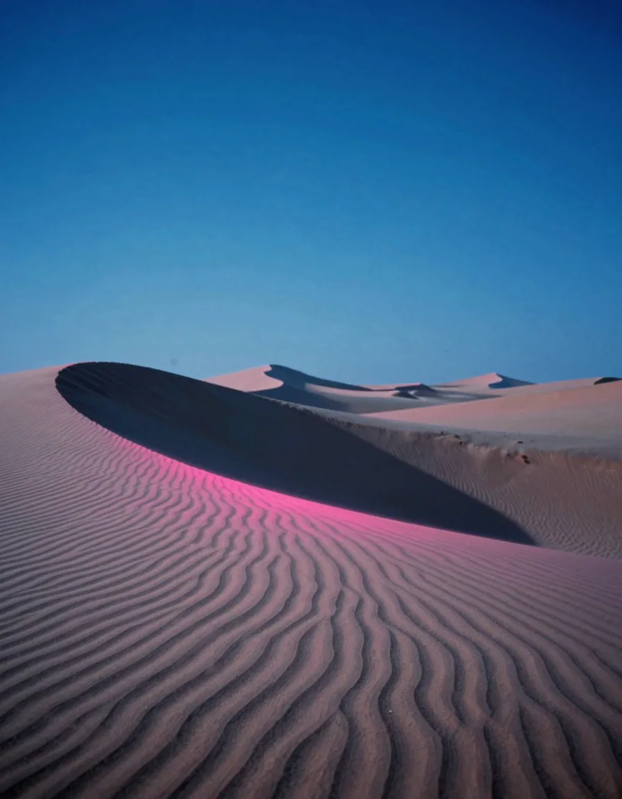 A single immense crescent sand dune with rhythmic wind ripples filling a tall vertical frame.