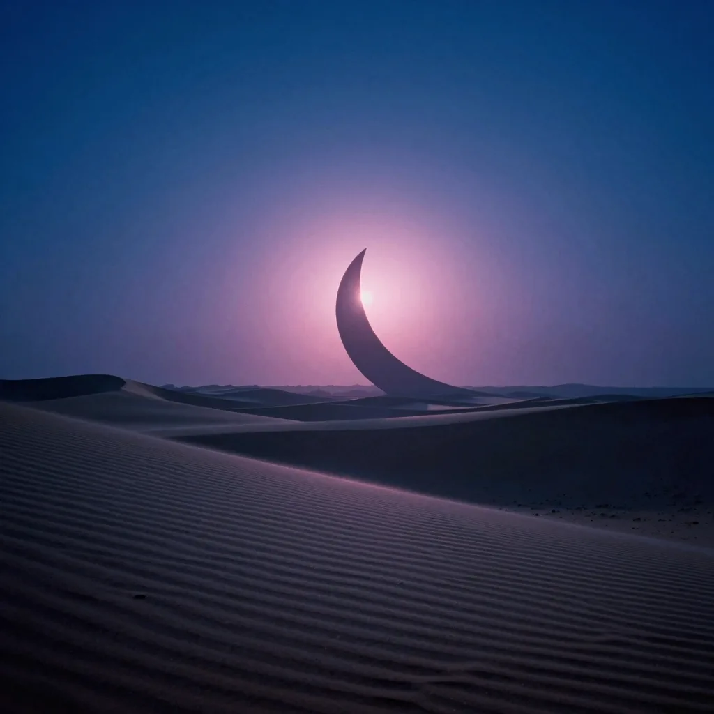 A single immense crescent sand dune as a near-silhouette backlit by the twin light sources in a vast empty dune field.