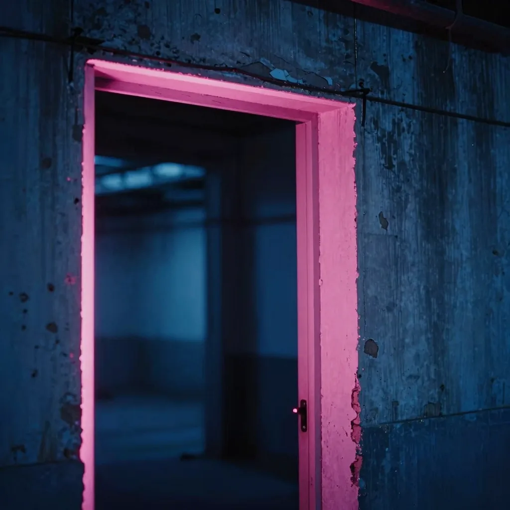 Close-up of a doorway with pink neon glow surrounding a snowy mountain view