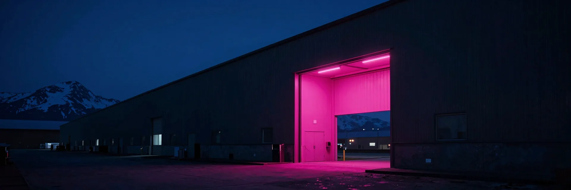 Ultra-wide warehouse with the doorway as a small bright element in a vast dark interior
