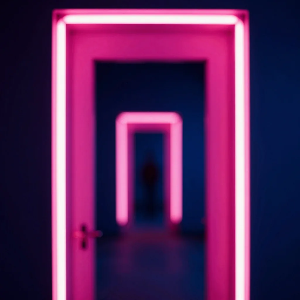 Close-up macro of a neon-pink doorway frame edge against deep darkness