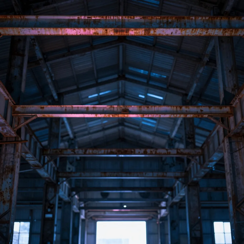 Vertical view looking up at warehouse ceiling beams