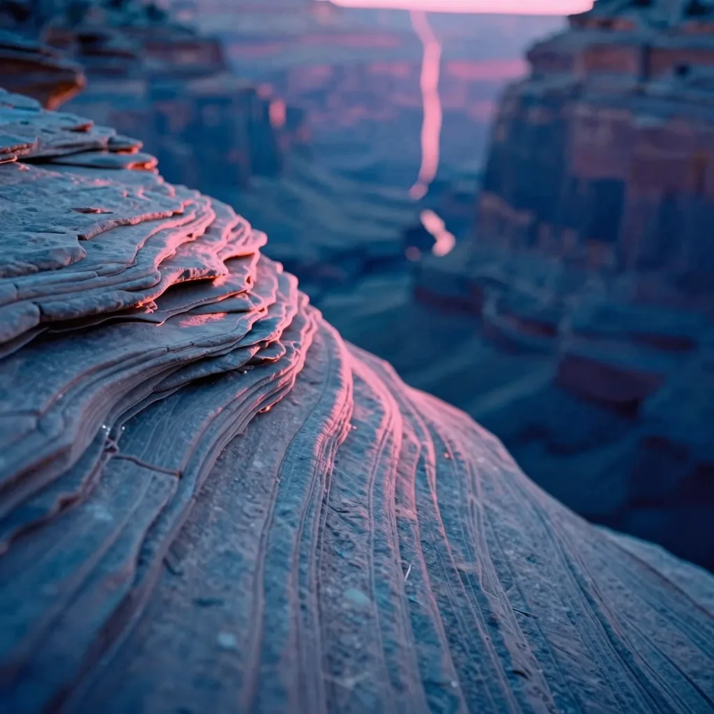 A tight macro close-up of the canyon wall, wind-and-water-carved flutes, banded sandstone grain, the fissure's glowing edge.