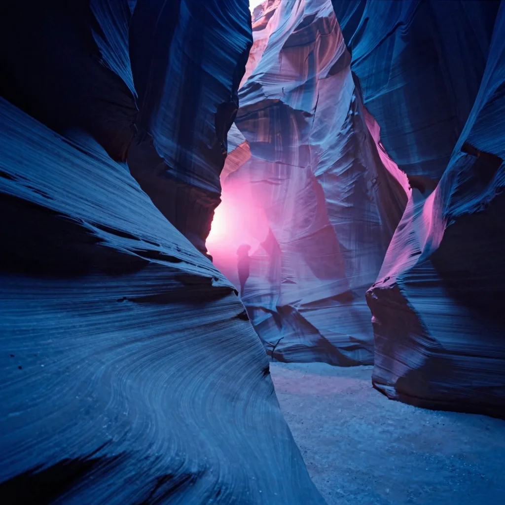A single immense vertical canyon wall split down the center by a hairline fissure of light as a near-silhouette backlit by the twin light sources in a deep slot canyon.