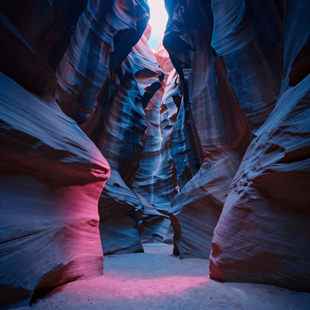 Looking straight up the full height of a single immense vertical canyon wall split down the center by a hairline fissure of light from its base in a deep slot canyon.