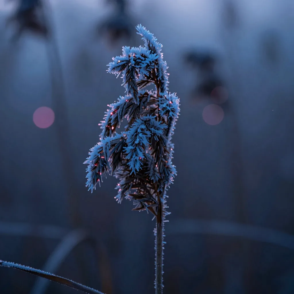 Extreme macro of frost crystals on a single tall marsh reed at dawn, ice details catching the dawn light, deep textural detail.