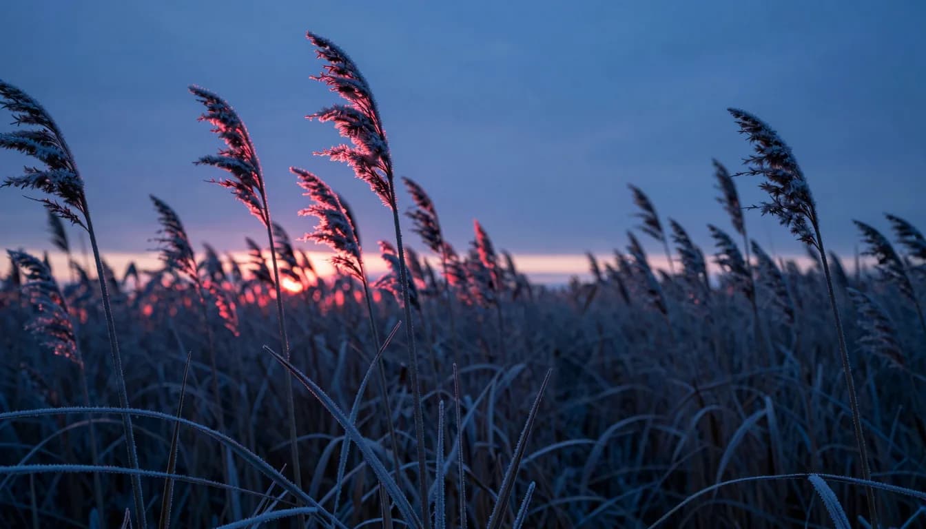 Looking through tall frost-covered marsh reeds receding to a vanishing point on the horizon, dramatic perspective.