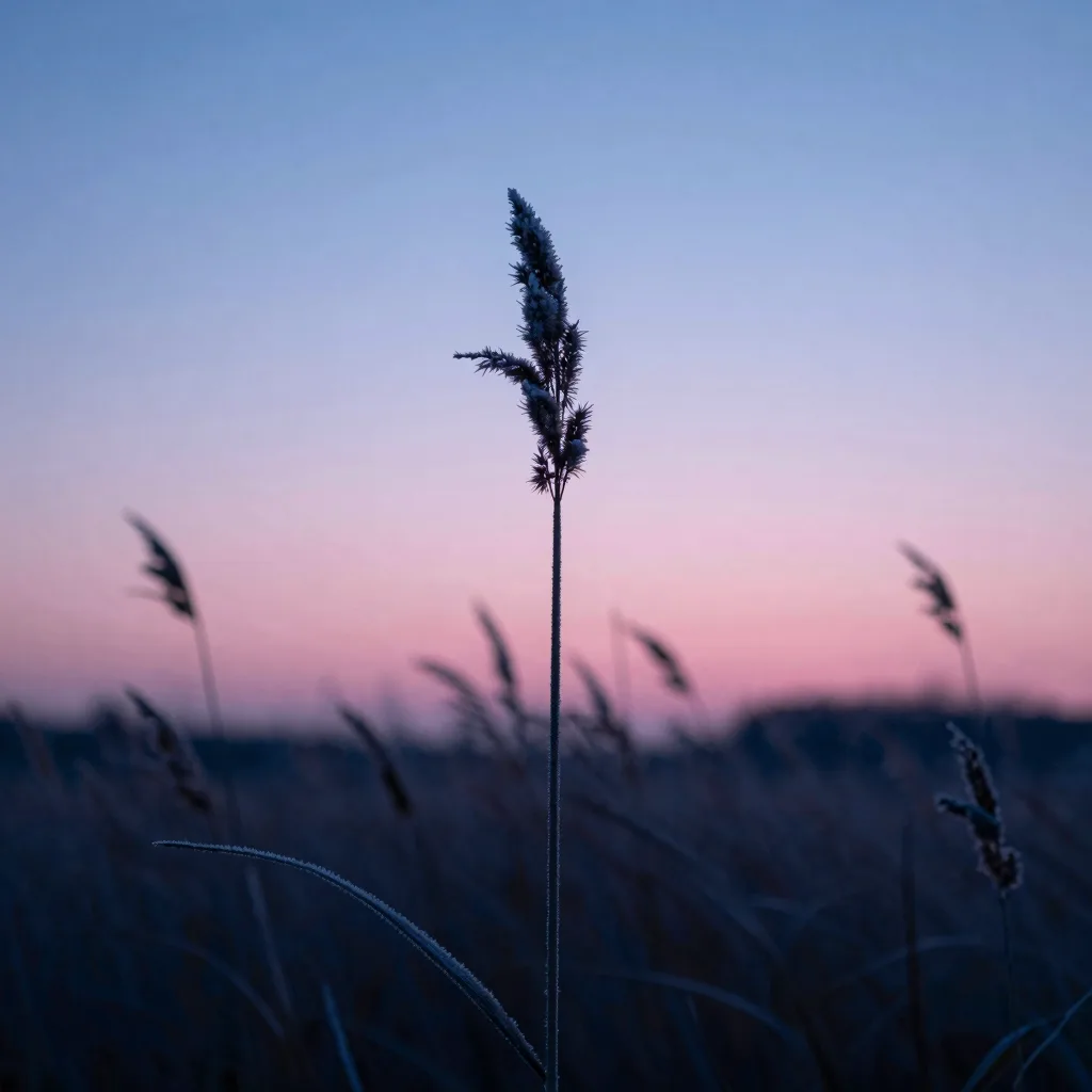 Single tall frost-covered marsh reed isolated against the soft pink dawn sky, dramatic vertical composition.