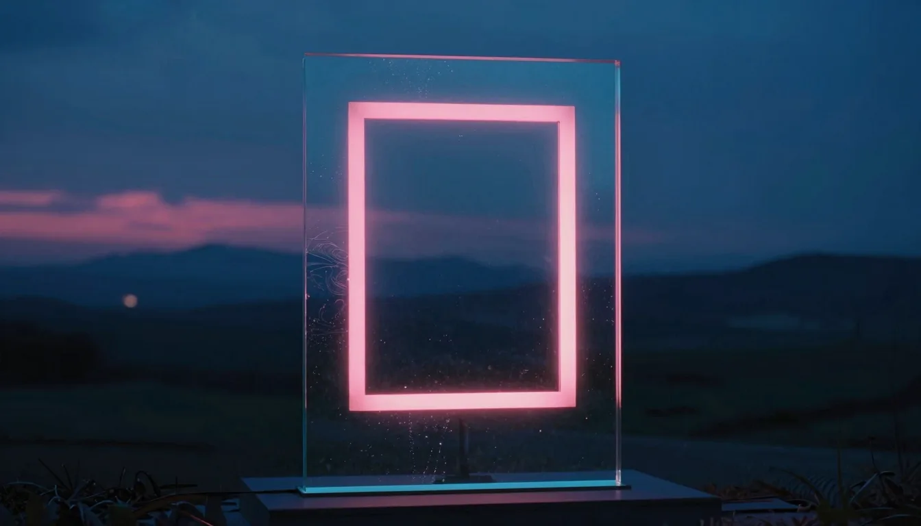 An upright pane of iridescent glass at dusk, a smaller glowing rectangle of light held inside a larger dim frame.