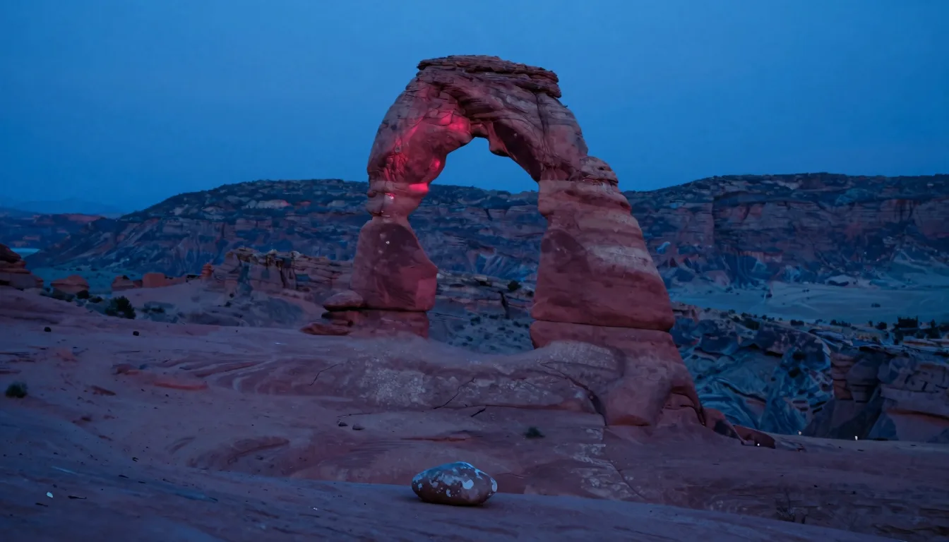 A lone stone arch captured at distance through a telephoto lens, compressed perspective flattening the landscape behind it.