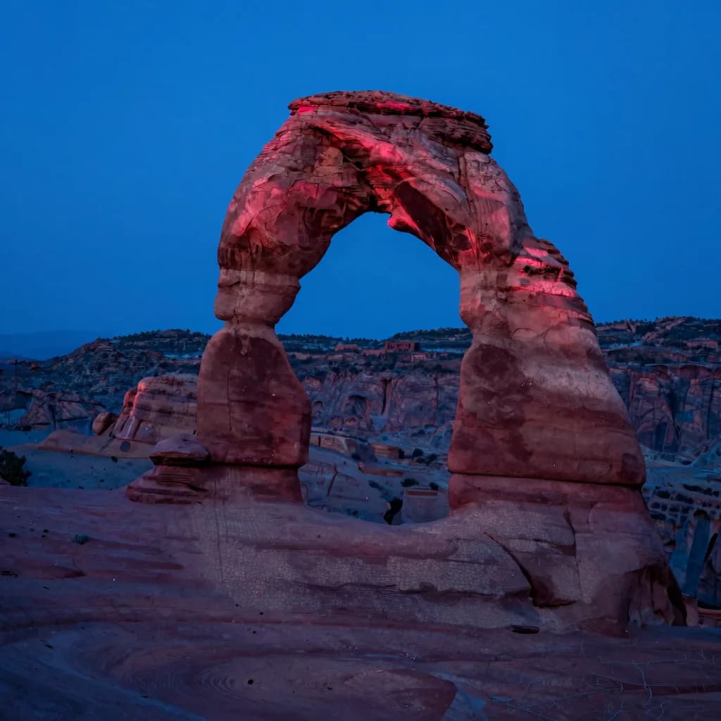 Frontal symmetrical composition of the arch, camera perpendicular to the structure, axes aligned.