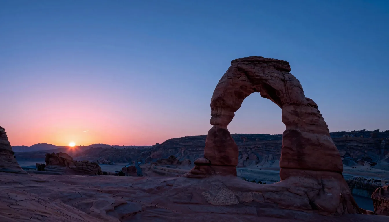 The arch viewed within a wide basin, surrounding terrain emphasizing the scale of the lone form.