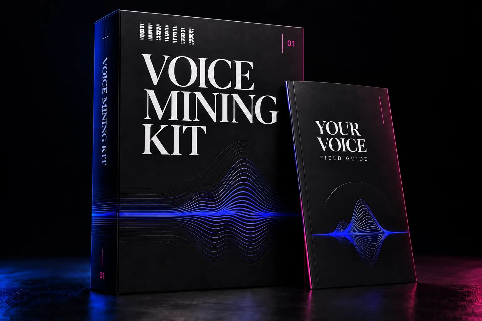 Voice Mining Kit box and field guide mockup with the original sliced Berserk logo