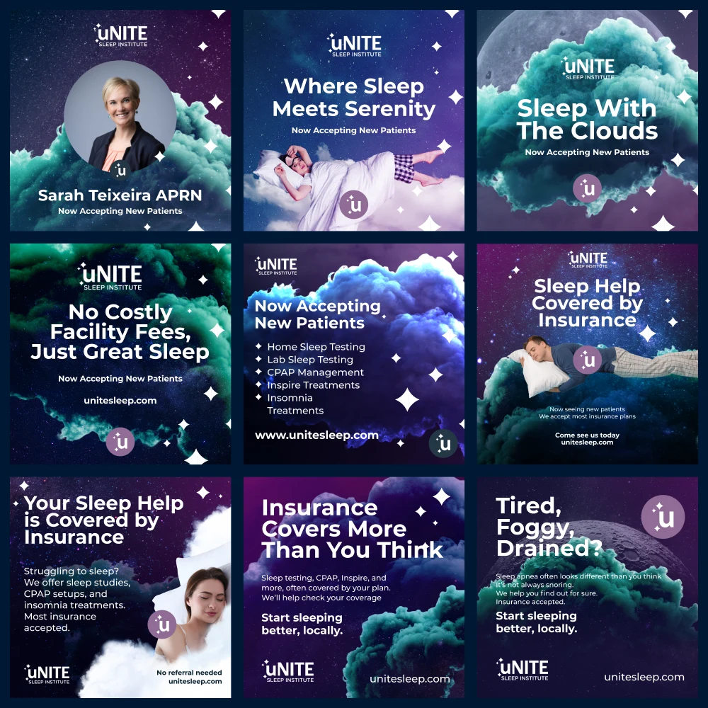 Nine-panel grid of paid social ad variations for the uNITE Sleep brand.