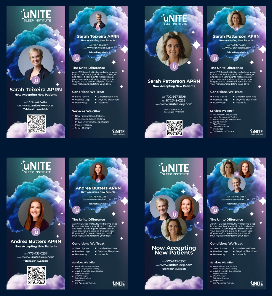 uNITE Sleep portrait flyer with provider photography and treatment messaging.