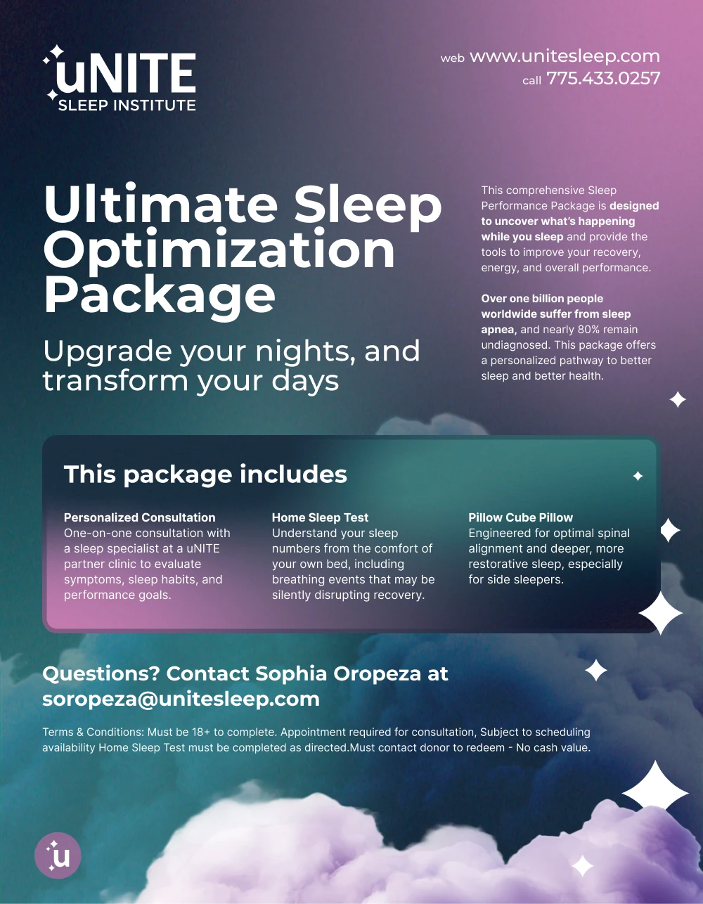 Ultimate Sleep Package service flyer: tiered offering layout.
