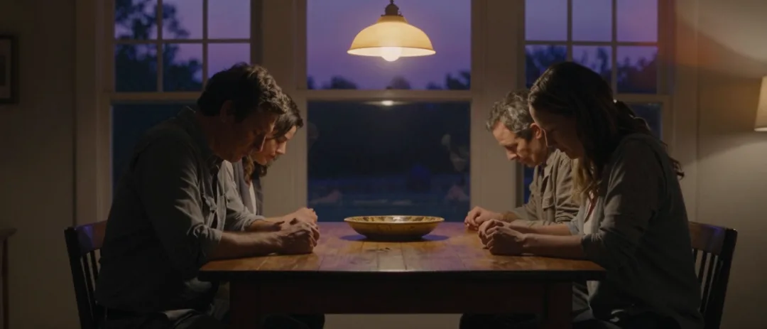 A family saying grace around a dinner table.
