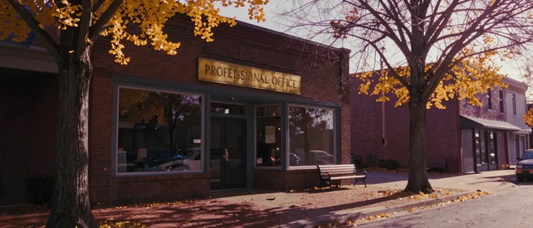 A brick law-office storefront in fall, leaves drifting along the sidewalk.