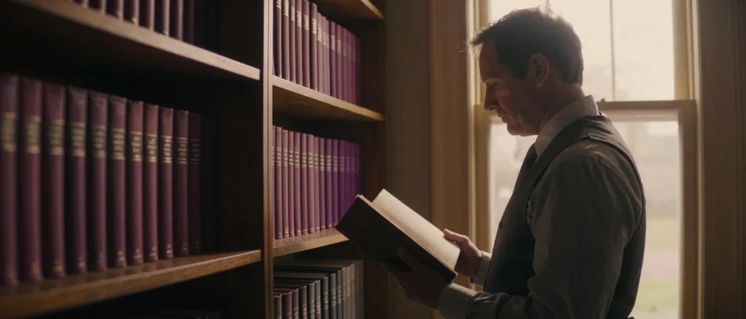 A private law library, shelves of bound reporters in lamplight.