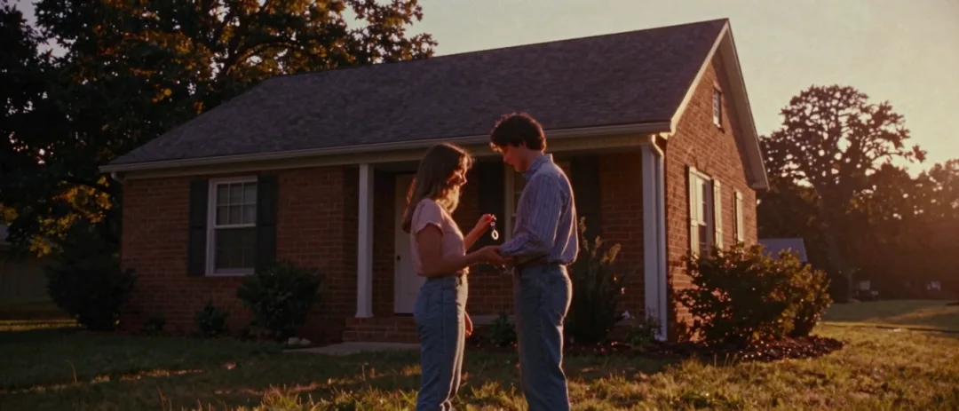 A young couple with new house keys on a porch, 1992.