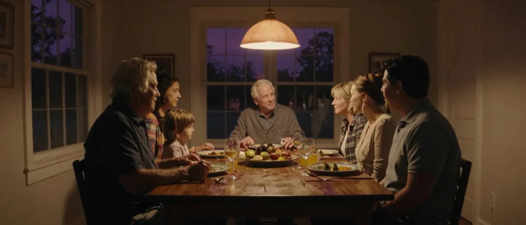 Two generations of a family around a dinner table in warm evening light.