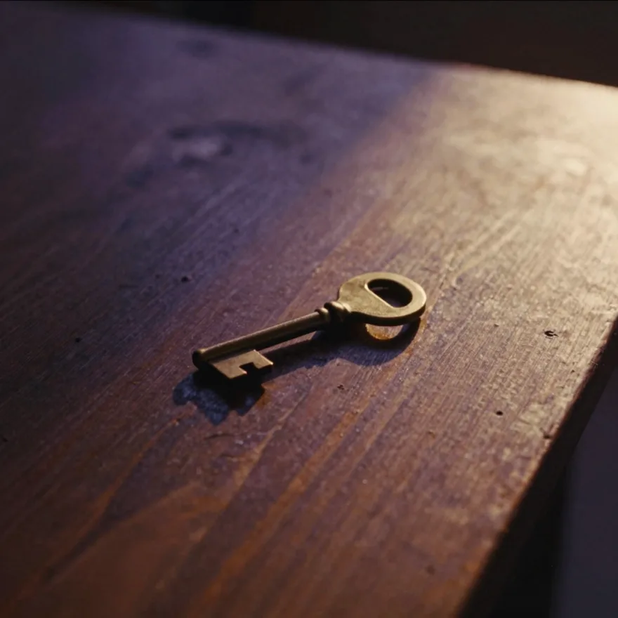 An old brass key on a worn wooden table.