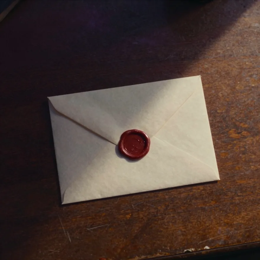 A wax-sealed envelope on a desk in warm side light.