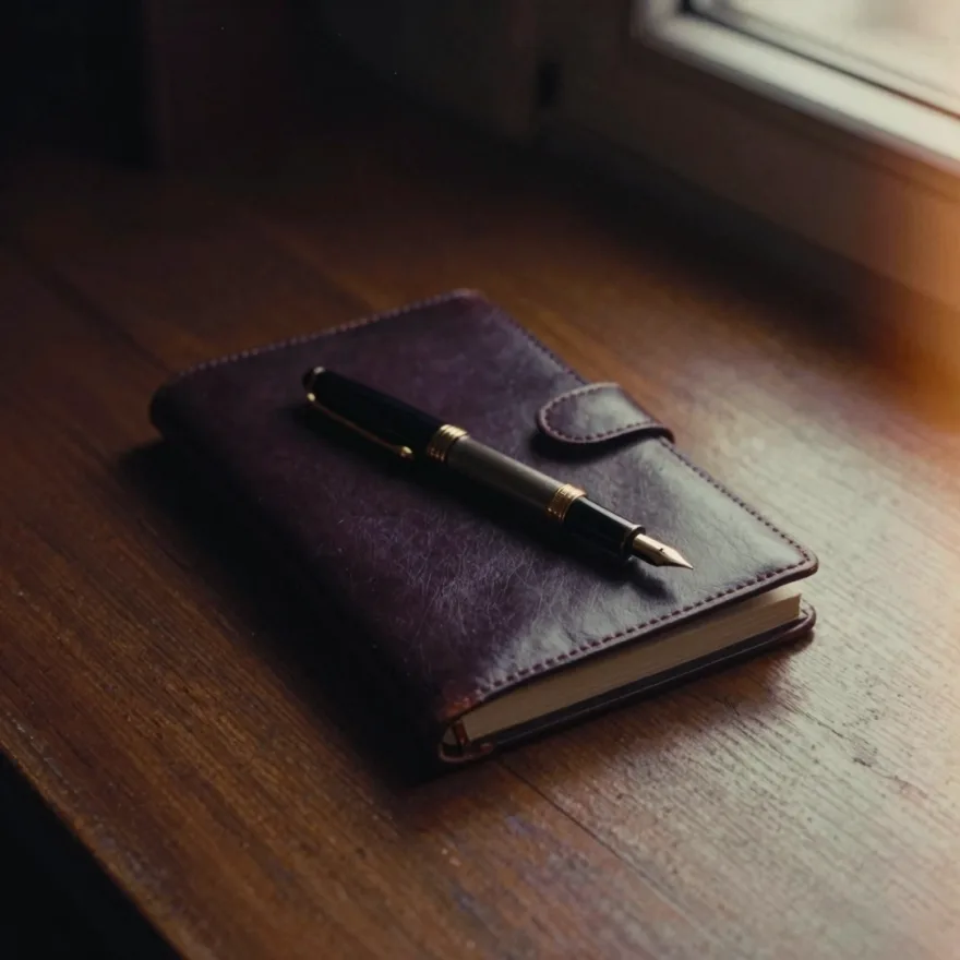 A fountain pen resting on the blank pages of an open journal.
