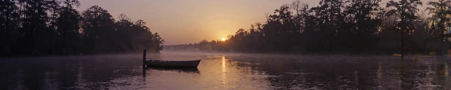 A rowboat tied at a riverbank at dawn.