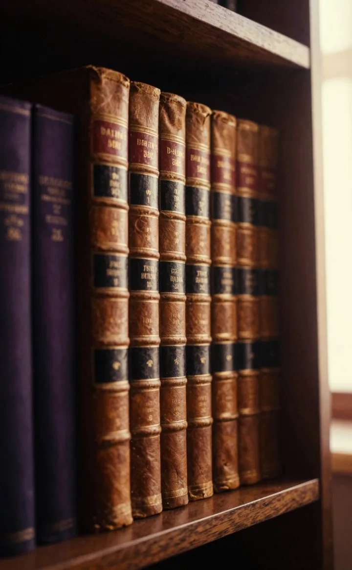 A stack of leather-bound books on a shelf.