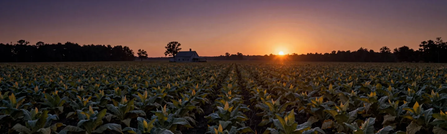 A tobacco field with a distant farmhouse in panorama.