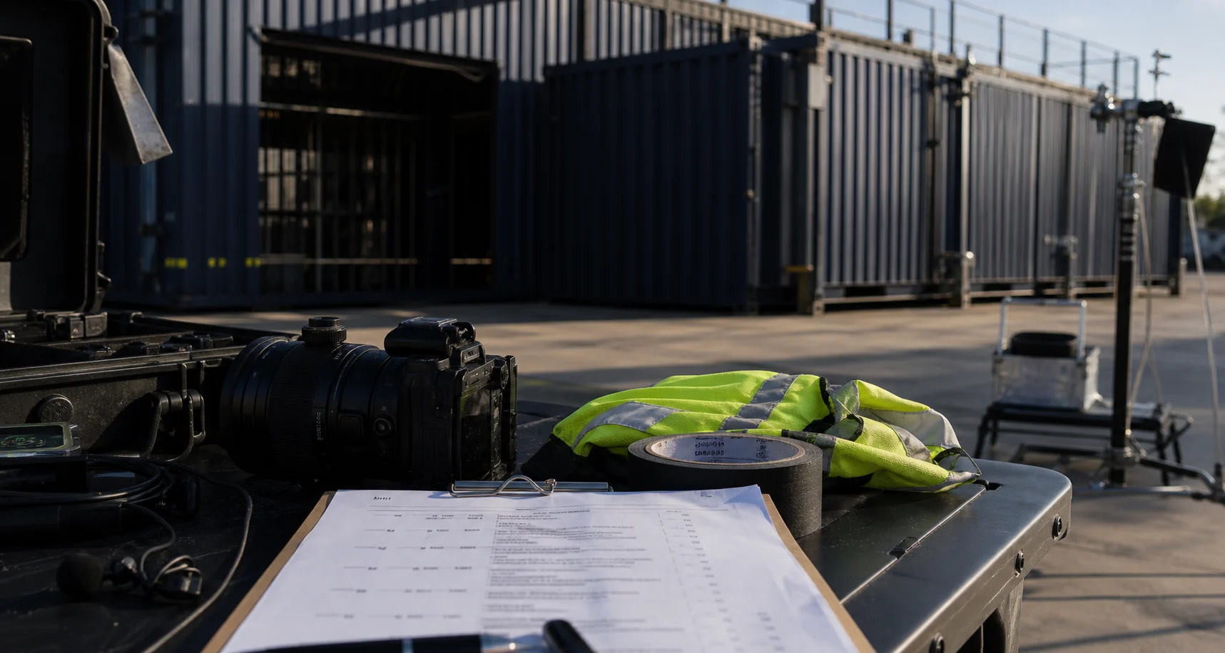 Video production gear and field notes staged near shipping containers